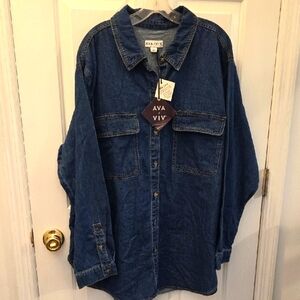Ava & Viv Oversized Classic Blue Denim Button Down Shirt Shacket Plus Size